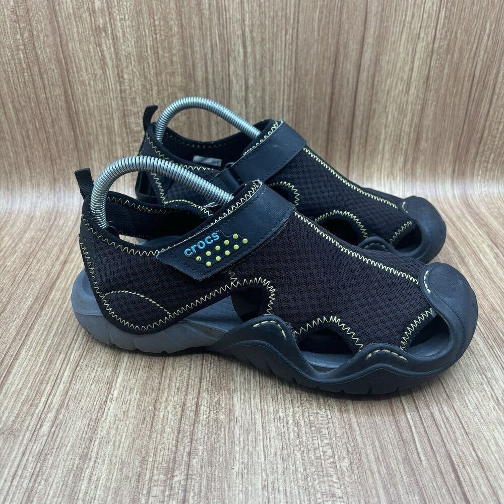 Crocs Swiftwater Mens Size 8 Deck Sandals Shoes Black‎ Gray Mesh